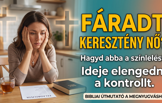 An exhausted woman sitting at a kitchen table with her head in her hands, looking down at a to-do list and a Bible next to a cup of tea. The image features prominent Hungarian text that translates to "Tired Christian Woman? Stop pretending! Time to let go of control."