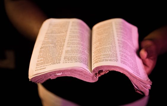 An open Bible held in hands with dramatic lighting, creating a serene atmosphere.